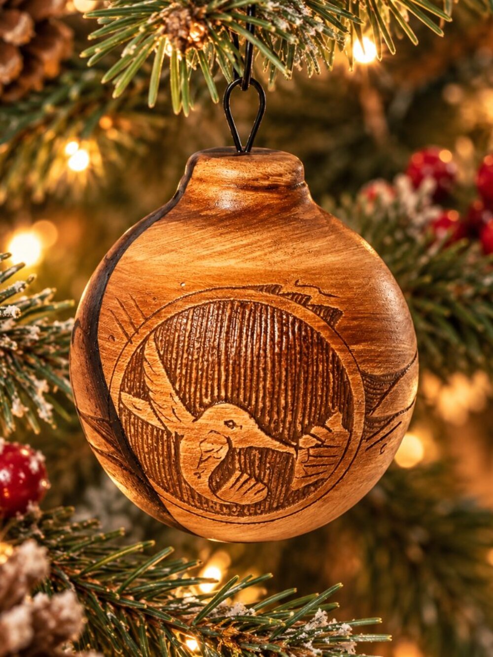 Signed Hand-Carved Wooden Christmas Ornament 3" Folk Art Wildlife Rustic Decor